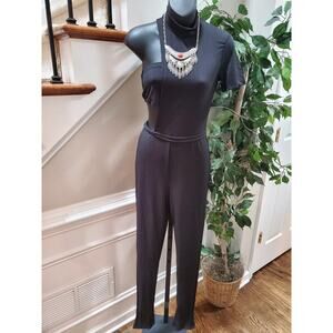 Black Solid Women's Polyester Casual Top & Skirt 2 Piece Romper Set Size Medium